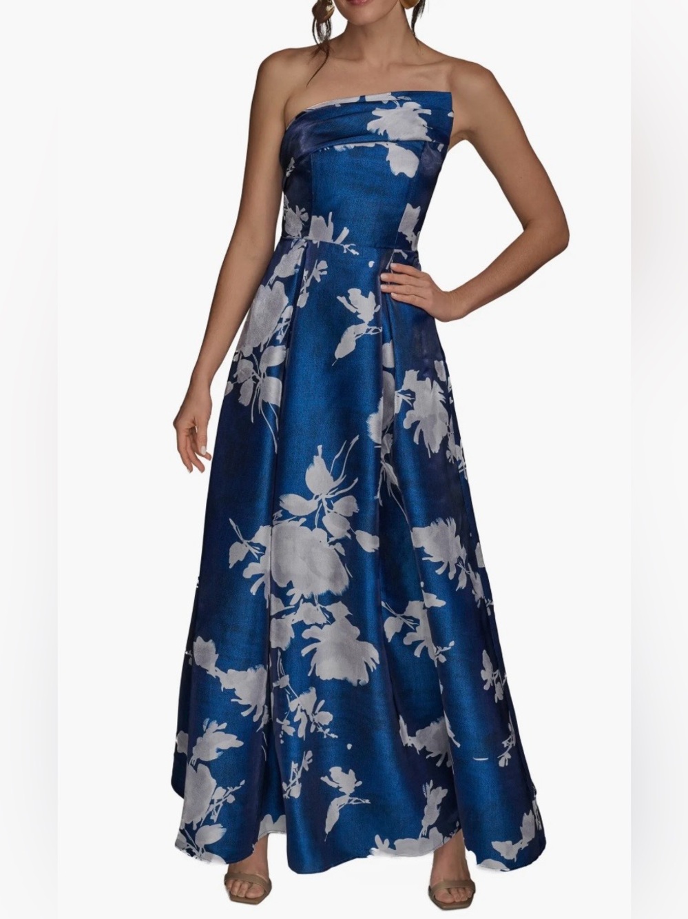 NWT Donna Karen Blue/White Satin Full Length Dress Size 12